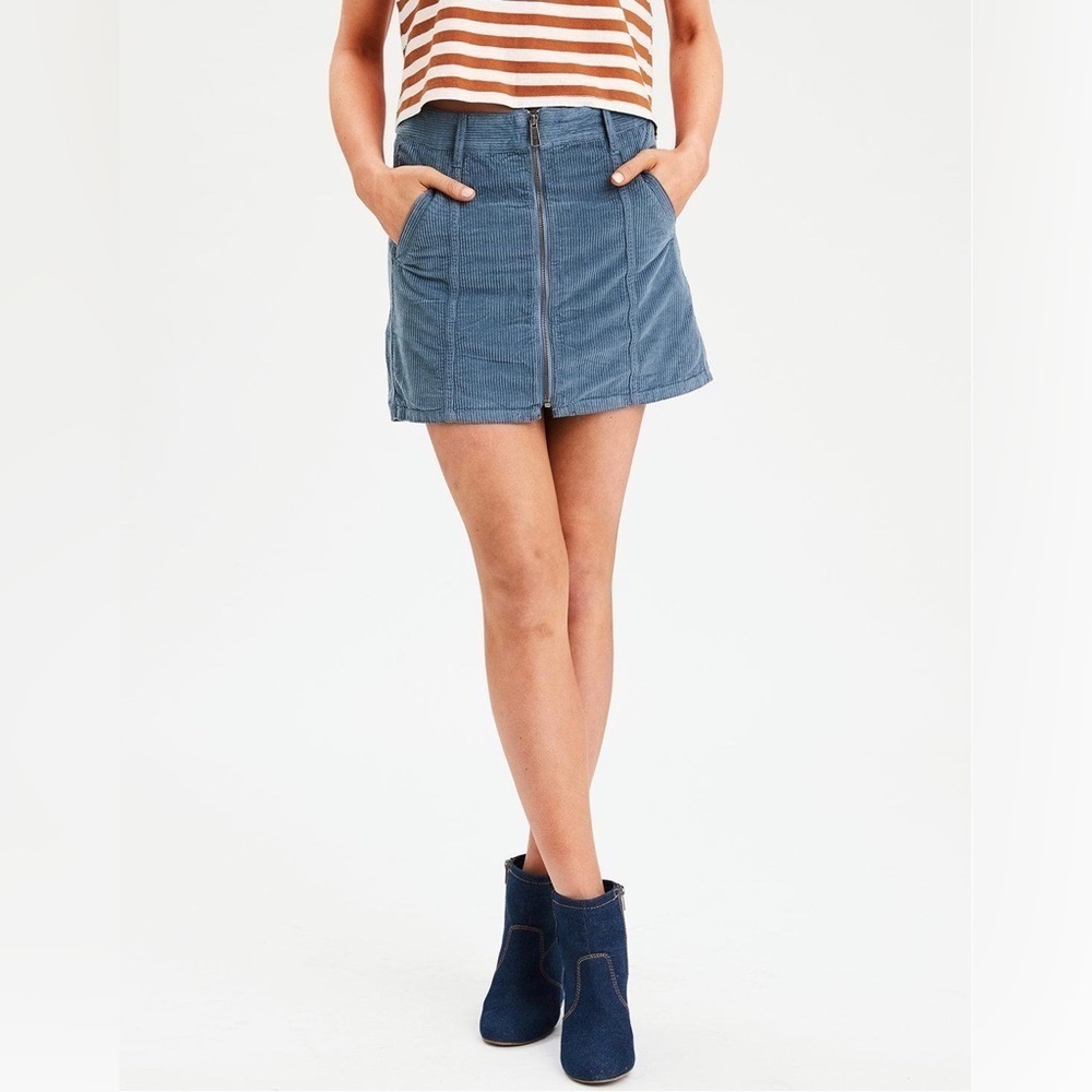 American Eagle AE Corduroy Mini Hi Rise Skirt Full Zip A Line Festival  Blue 10